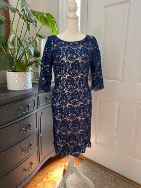 Eliza J Blue Lace Dress with Nude Lining and Three-Quarter Sleeves